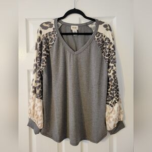 BiBi Large Gray and Cream Leopard Sleeve Sweatshirt